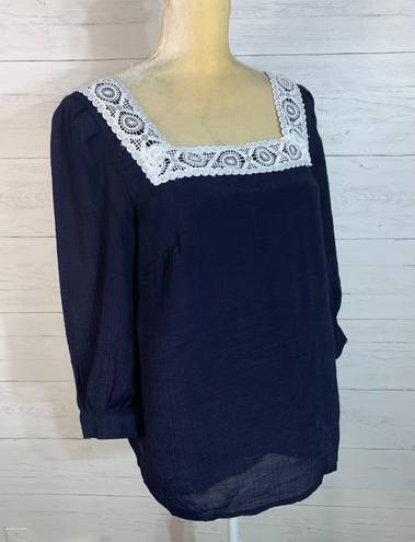 Nanette Lepore Navy Blue White Lace Blouse Top 3/4 Puff Sleeve Square Neck S