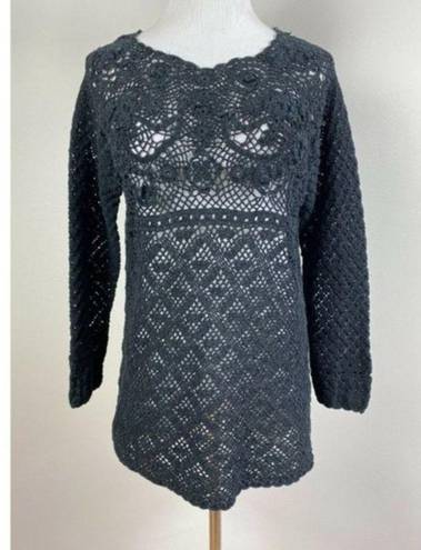 Carole Little  Knitwear Sweater‎ Small Black Open Crochet Knit Floral Long Sleeve