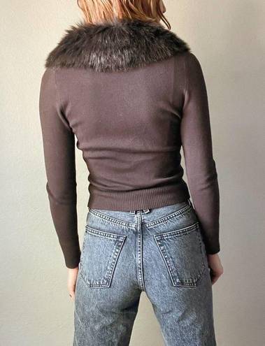 The Loft Vintage Y2K Chocolate Brown Faux Fur Trim Crop Cardigan Sweater