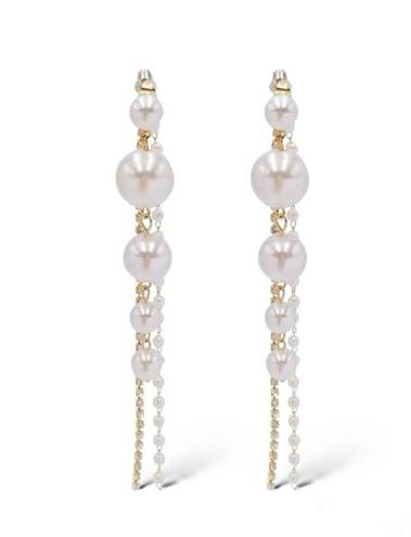 Elegant White Pearl Long Dangle Drop Earrings for Women Gold