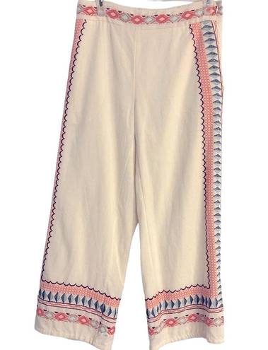 Anthropologie  Wide Leg Boho Embroidered Linen Pants with Pockets White 0