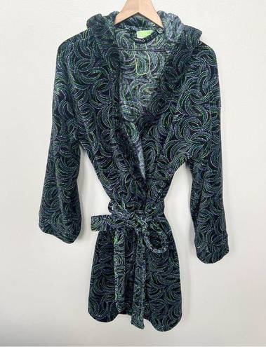 Vera Bradley  Kiev Swirls Plush Hooded Robe Black Green Blue White Print L/XL