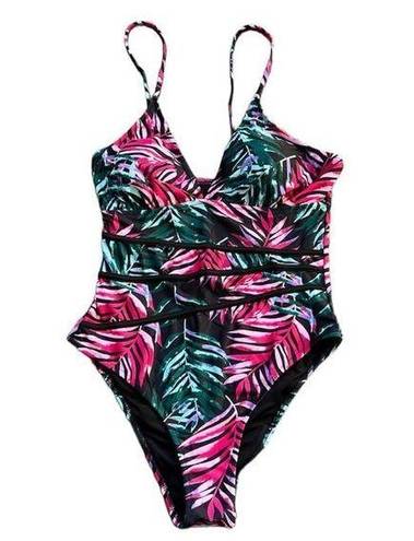 Beachsissi  NWT One Piece Swimsuit Size Large Black Pink Green Tropical Palm