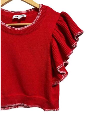 The Moon Day +  cropped red knit flutter sleeve sweater size Medium NEW