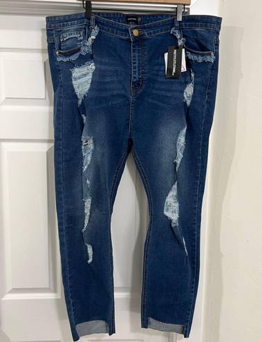 Pretty Little Thing Plus Dark Blue Ripped Detail Step Hem Skinny Jeans Size 22 New