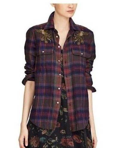 Polo  Ralph Lauren Embroidered Peacock Plaid Relaxed Fit Button Down Blouse XL