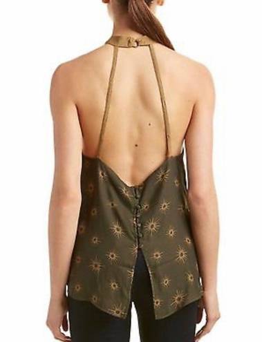 Free People Through The Night Boho Green + Gold Sun Print Halter Blouse Size M