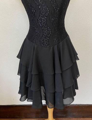 Rhapsody Vintage 80s Solid Black Lace Drop Waist Ruffle Skirt Short Sleeve Cocktail Dress