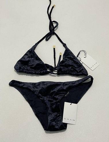 Onyx Shan Velvet Velour Triangle Swim Bikini Set  Black Top & Bottom Size 8