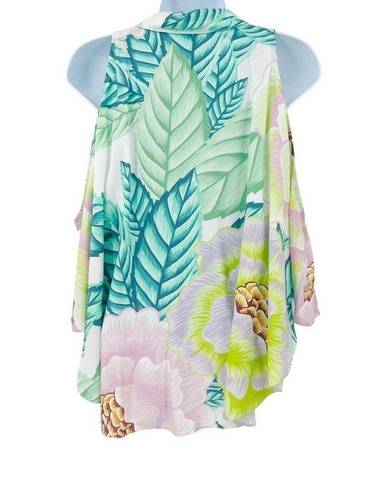 Mara Hoffman  Tropical Print Pastel Cold Shoulder Button Up Collared Shirt Top