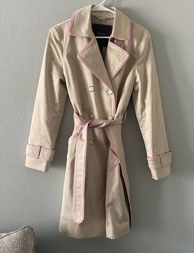 Coach  Tan Double Breasted Trench Coat With Pink Piping