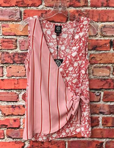 Bobeau Coral and White  Striped with Floral Print Wrap Sleeveless Blouse