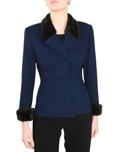 Vintage Blue Noviello 1990s  Blazer Jacket with Fur Collar Formal Twee Small