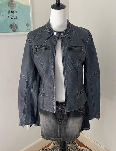 Vintage Blue Gray Faux Leather Moto Jacket