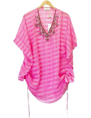 Yumi Kim NWT  Maze Cover Up Jeweled Beaded Cinched Kaftan Hot Pink Sheer Size M/L