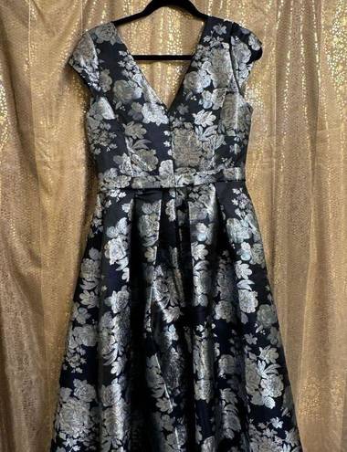 Oleg Cassini  Navy Blue Silver Floral Brocade High Low A-Line Dress 12