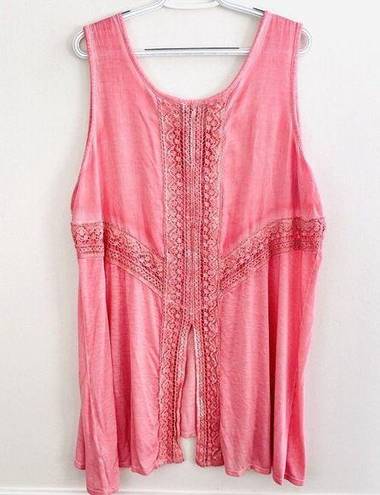 Live and let live  Pink Flowy Boho Lightweight Open Back Lacy Trim Blouse ~ Plus 2X