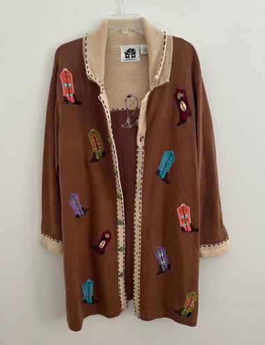 Vintage Beaded Cowboy Boot Cardigan Brown Size XL