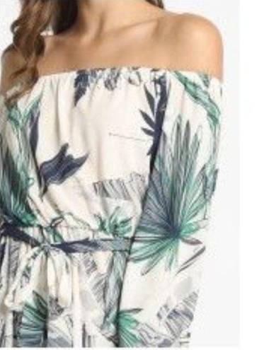 Sans Souci NWT Tropical Palm Print Off Shoulder Maxi Dress 3/4 Sleeve Tie Elastic Waist S