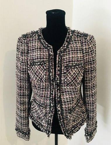 White House | Black Market  WHBM Black Pink Tweed Blazer Jacket Chain Fringe Trim 4