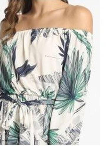 Sans Souci Boho Tropical Palm Print Off Shoulder Maxi Dress 3/4 Sleeve Tie Elastic Waist M