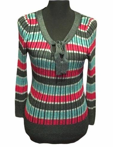 DKNY  Striped Sweater with Tie in Front, Gray, Pink