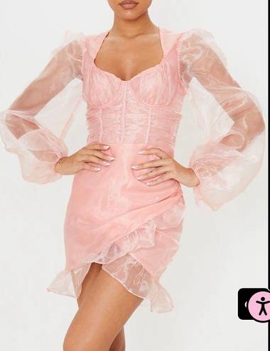 Pretty Little Thing Blush Organza Puff Sleeve Wrap Bodycon Dress 