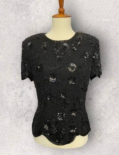 Oleg Cassini Vintage Black Beaded Silk Top | Black Tie  | Size Small