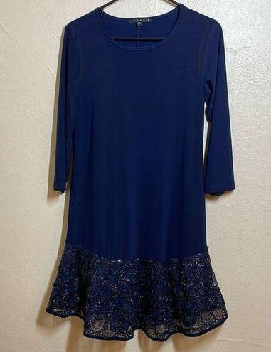 Tiana B  Navy Lace/Sequin Flounce Hem Stretch Jersey Drop Waist A-line Dress Navy