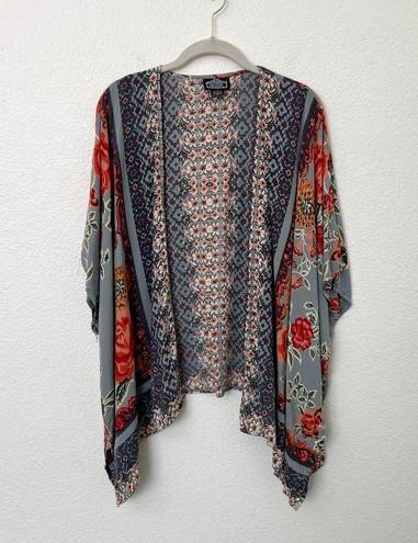 Angie [] Dove Gray Floral Print Flowy Open Front Kimono Cover-Up Boho Top Large L