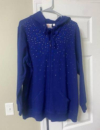 Quacker Factory Hooded Jacket Large Blue Full Zip Rhinestones Long Sleeve Hoodie