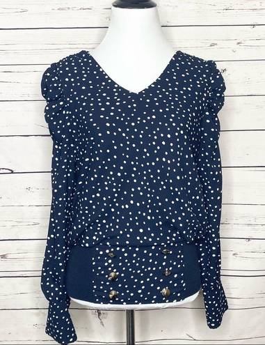 Carmen Marc Valvo  Navy Blue Polka Dot Puff Sleeve Blouse Size Small