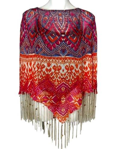 CHICO'S Phoebe Poncho Colorful Sheer Linen ONE SIZE w Beaded Fringe Pink Purple Size M