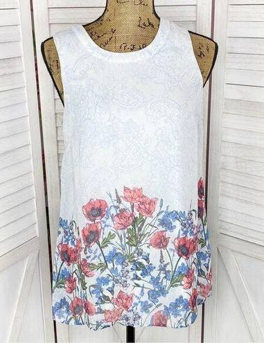 AGB Floral Lace Print Sleeveless Blouse Blue White Small