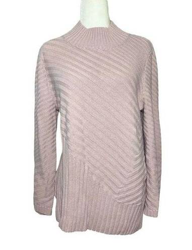 Charter Club 🌸  Asymmetrical Mock Neck Pastel Pink Ribbed Stripe Knit Sweater