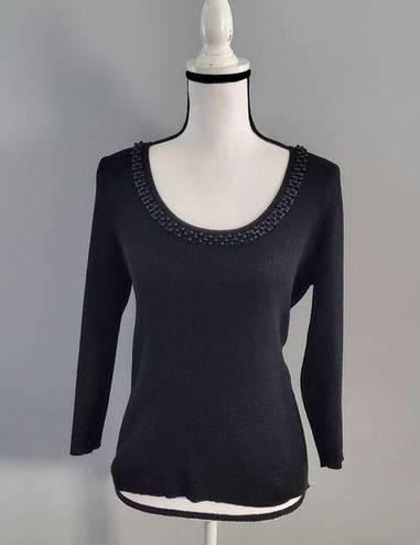 August Silk  Knits Silk Blend Beaded Collar Black Sweater M