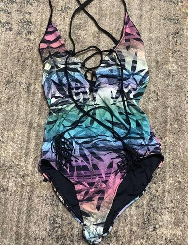 PilyQ New.  lace up front multicolored bamboo print swimsuit. Normally $149