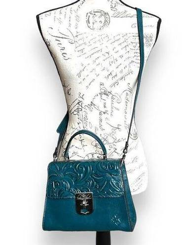 Patricia Nash New  Chauny Floral Tooled Leather Satchel Handbag Purse Blue Coral