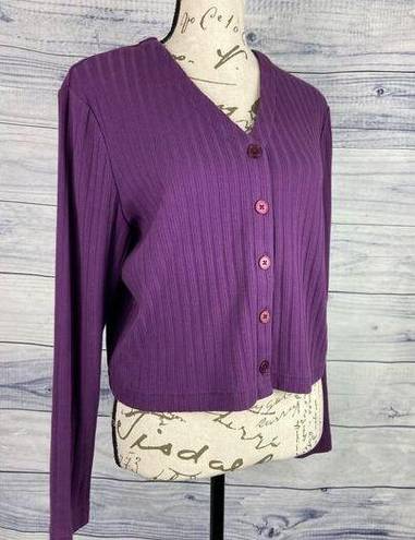 Talbots  Rib Knit Crop Button Front Cardigan Women Sp Purple Long Sleeve Cotton
