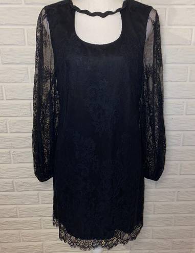 Trina Turk  Lace Overlay Mini Dress Cut Out Neckline Sheer Balloon Sleeve Black 4