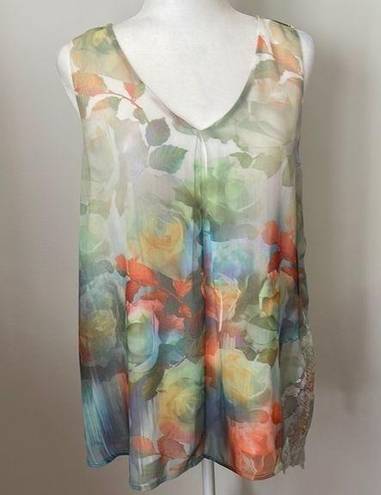 Live and let live  Floral v neck tank Top Sleeveless shell Blouse orange blue