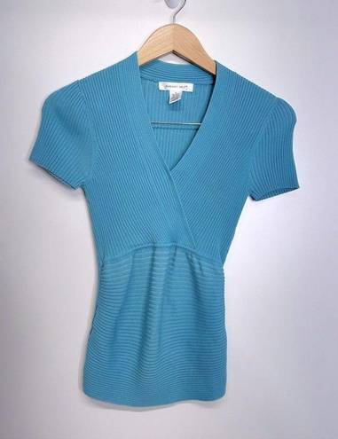 August Silk  Shirt Womens V Neck Ribbed Silk Blend Blue Size Small