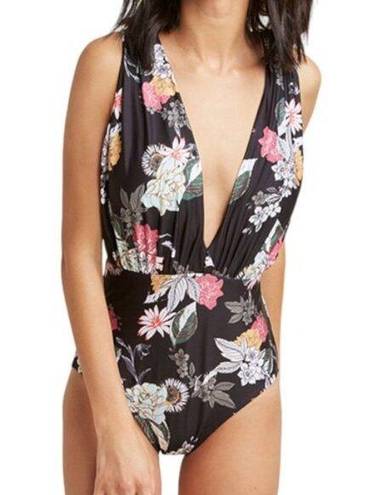 Modcloth Womens  Promised Paradise Black Floral Plunge Swimsuit Size XL EUC #2943