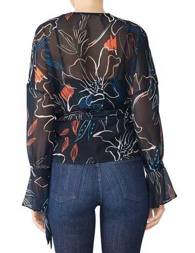 Stylestalker Floral Print Sheer Chiffon Bell Sleeve Wrap Blouse Navy Size Small