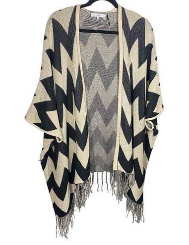 FATE. Chevron Striped Open Front Knit Cardigan Sweater Tassels Cream Black Small