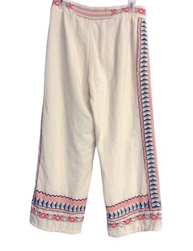 Anthropologie  Wide Leg Boho Embroidered Linen Pants with Pockets White 0