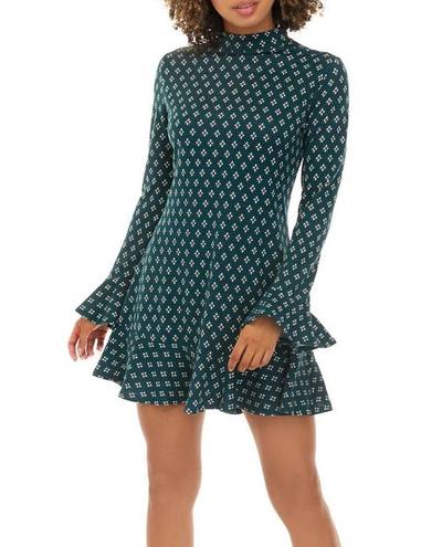 Bebop 70s Retro Look Bell Sleeve Flared Hem Dress Long Sleeve Knit Green Floral Small