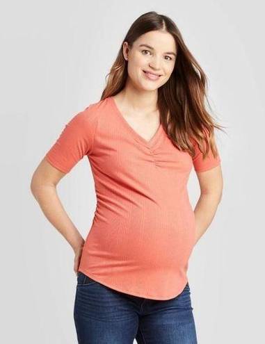 Isabel Maternity  Rib Top Large Short Sleeve Soft Stretch V-Neck Coral Lounge NWT