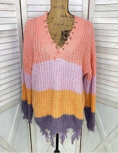 Wishlist  Distressed Color Block Pullover Sweater Medium Large Purple Multi