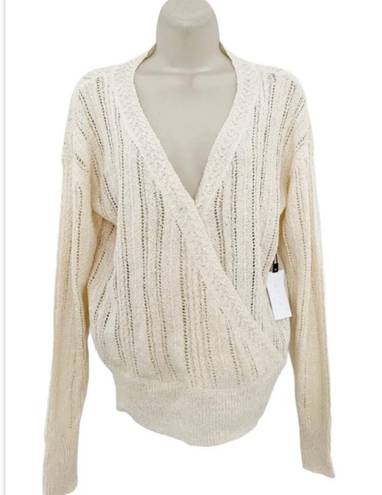 ASTR NWT  Wrap Front Pointelle Sweater In Cream Size Medium Long Sleeve Open Knit